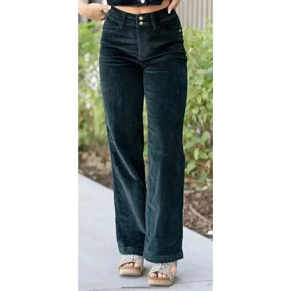 Judy Blue Hi Waisted Corduroy Trouser Wide Leg Pant Emerald